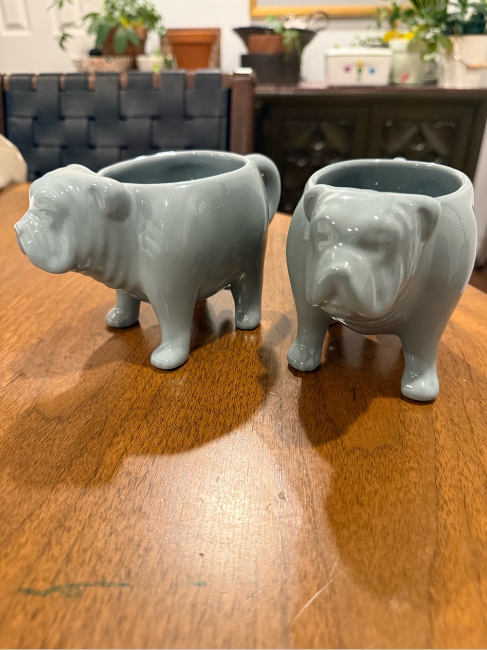 Ceramic Bulldog mugs or Planters - Light Gray Bulldog Figurine pair